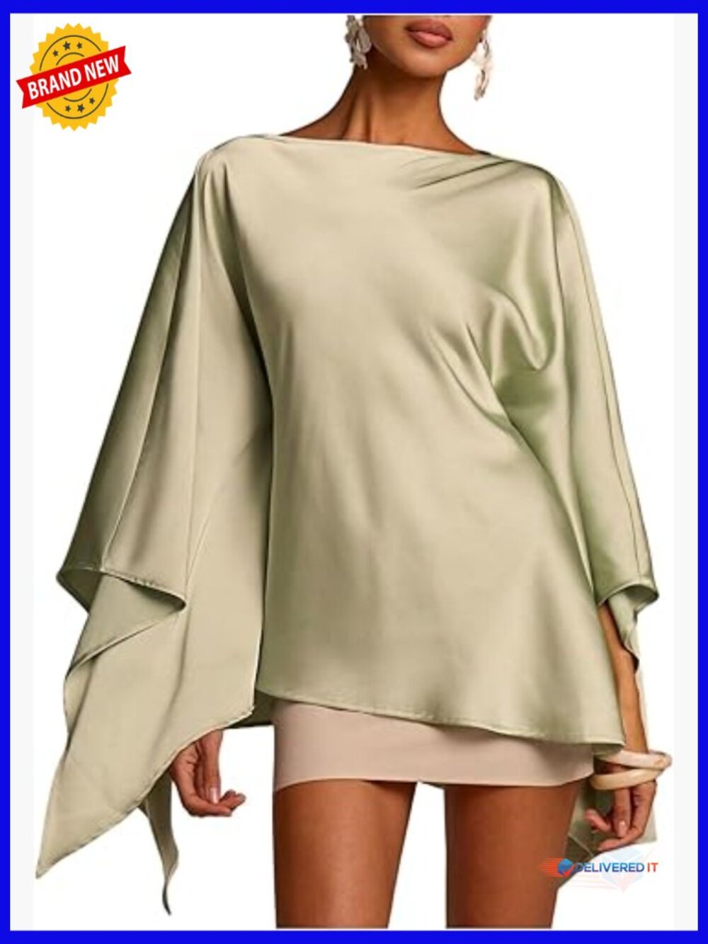 Satin Asymmetrical Poncho Blouse - Loose Fit Boat Neck Cape Top